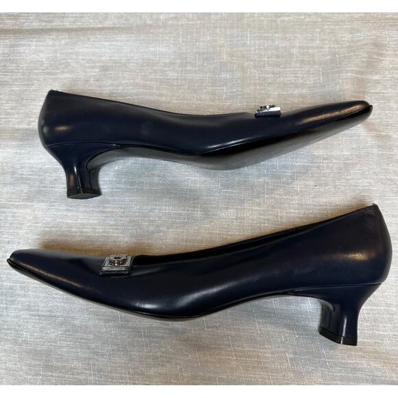 Salvatore Ferragamo Navy Blue Leather Heels Women’s Size 9.5 4A Narrow Italian - Picture 5 of 10